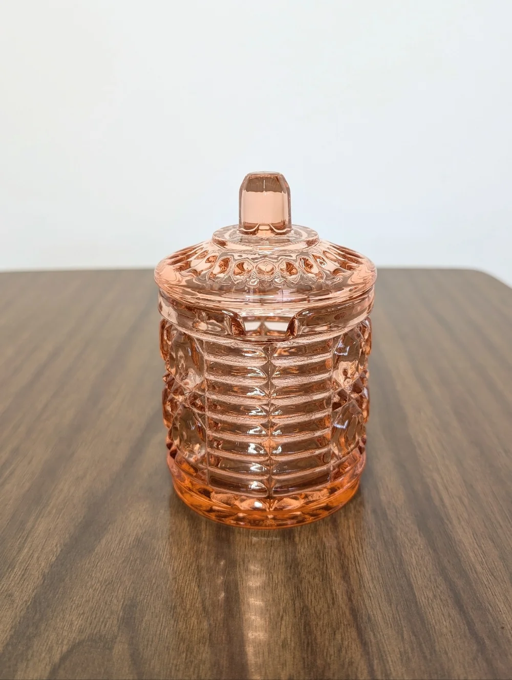 Vintage Windsor Pattern By Indiana Peachy Rose Pink Glass Honey Jam Jar With Lid
